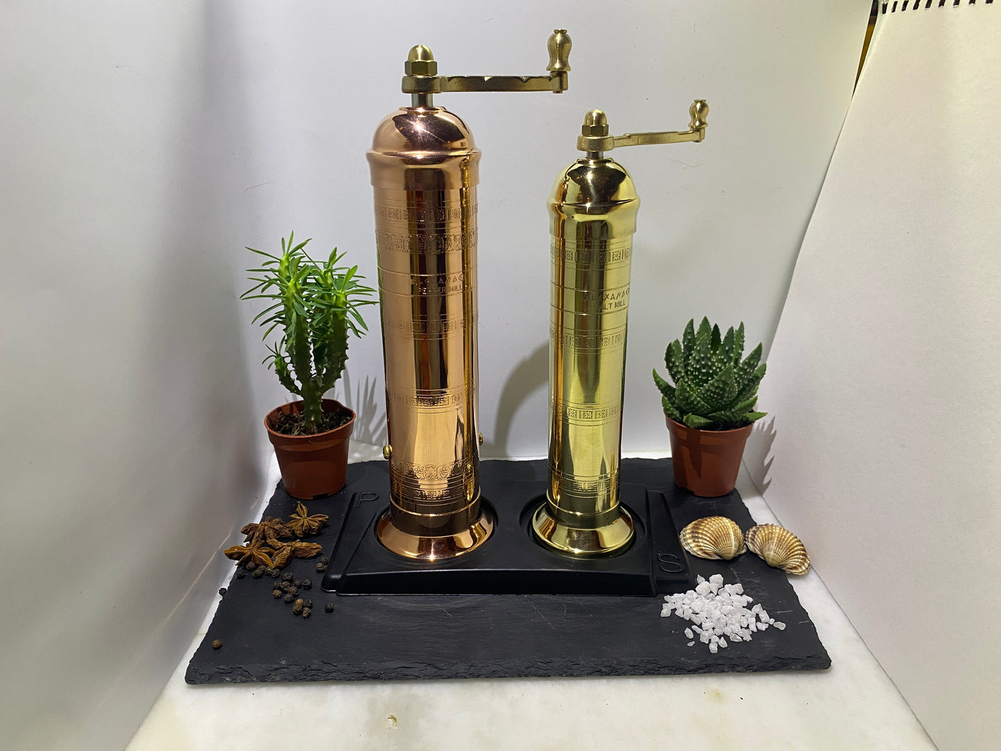 Set of 2 Alexander Mixed Brass & Copper set: Copper Pepper Mill 10"/10-inch & Brass Salt Mill Grinder mill 9"/9-inch Elegant- Absolutely Exquisite Luxury Kitchen Gift Shaker 405/109