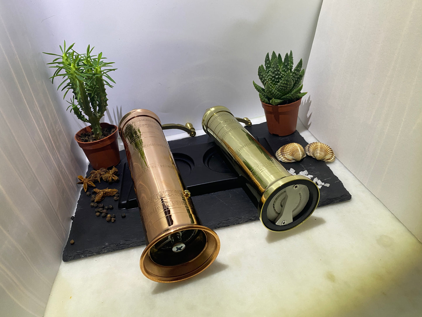 Set of 2 Alexander Mixed Brass & Copper set: Copper Pepper Mill 10"/10-inch & Brass Salt Mill Grinder mill 9"/9-inch Elegant- Absolutely Exquisite Luxury Kitchen Gift Shaker 405/109