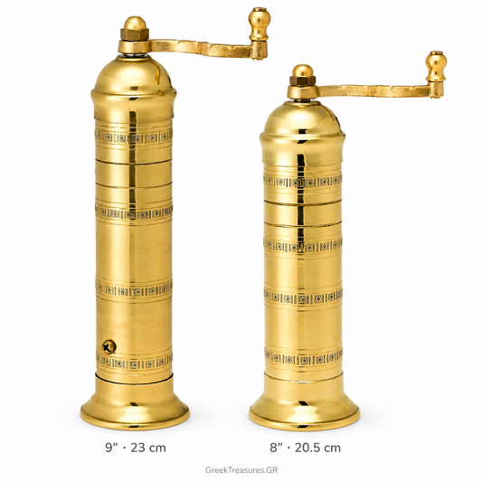 Brass Pepper 9″ / 23 cm & Salt 8″ / 20.5 cm — correct relative heights